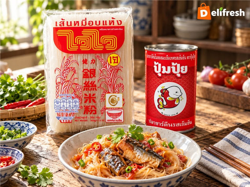 An easy pantry idea for a quiet evening: dried rice vermicelli and sardines in tomato sauce, prepared and serv
