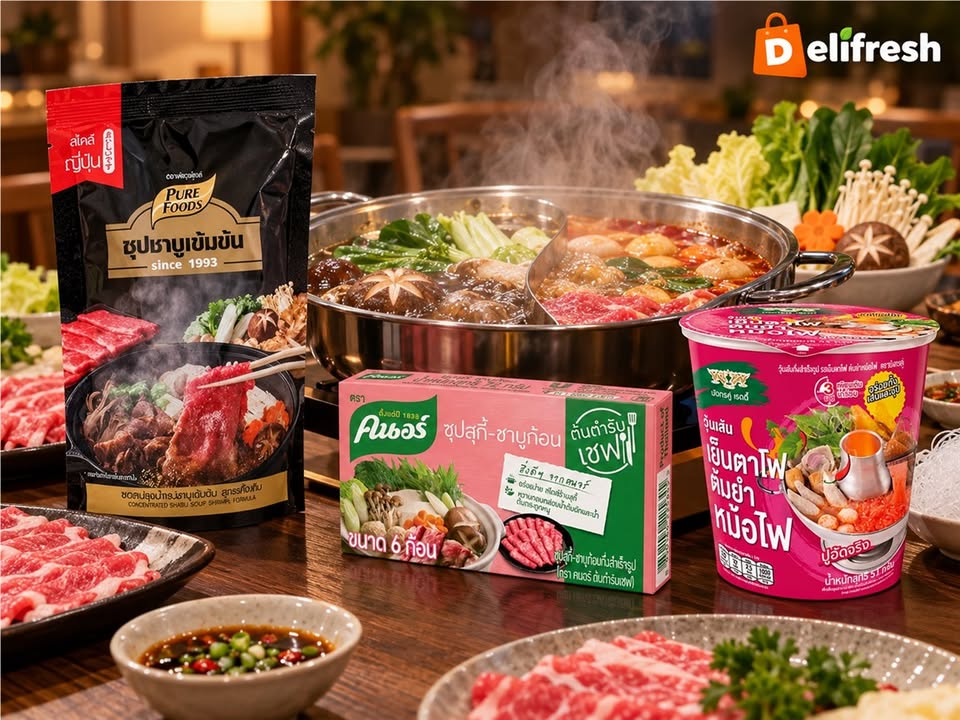 อยากเตรียมหม้อไฟกินเองในวันพัก ลองดูน้ำซุปชาบูเพียวฟู้ดส์ ซุปสุกี้ชาบูก้อนคนอร์ และวุ้นเส้นเย็นตาโฟต้มยำหม้อไฟ