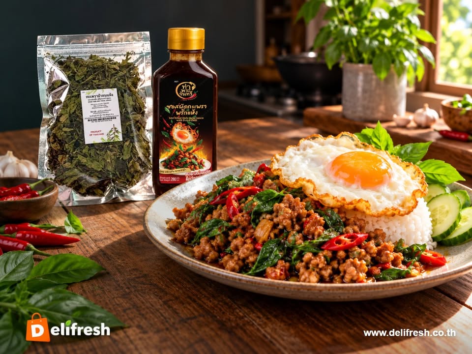 A plate of pad kra pao with a fried egg makes a cosy dinner. Explore Delifresh’s Thai basil and stir-fry sauce