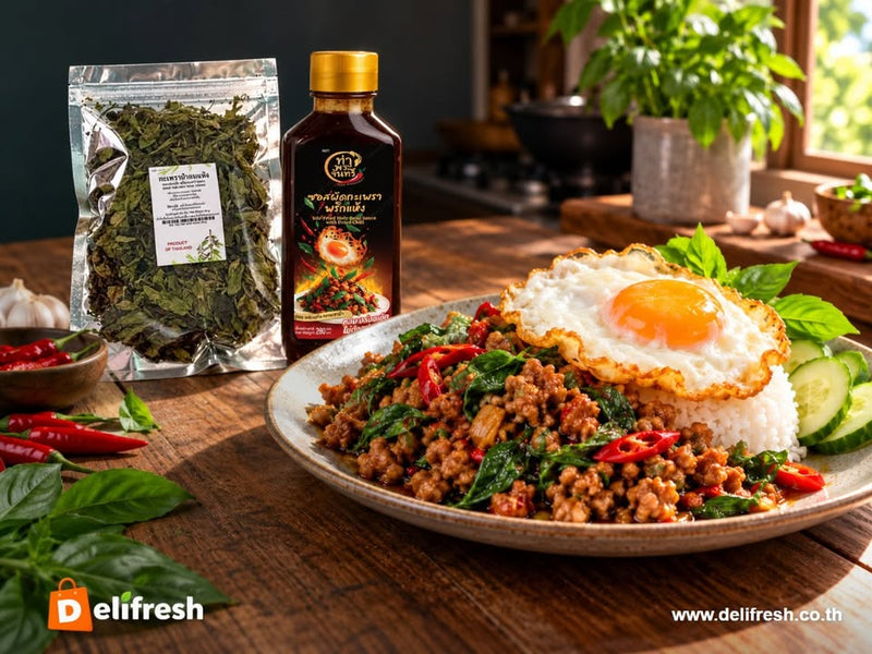 A plate of pad kra pao with a fried egg makes a cosy dinner. Explore Delifresh’s Thai basil and stir-fry sauce