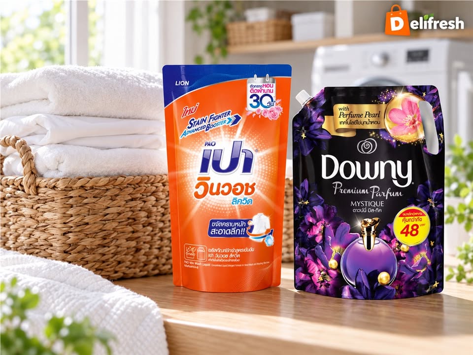Restocking the laundry shelf? Pao liquid detergent and Downy Mystique fabric softener are two separate choices