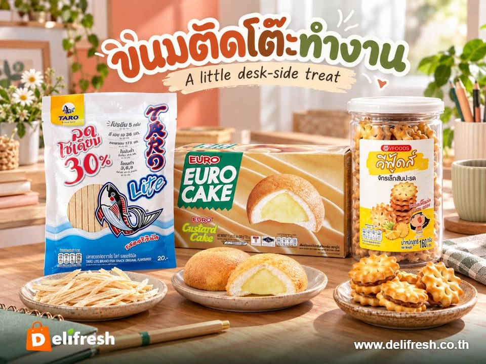 A few treats for the workday: Taro original fish snack, Euro custard cake and V Foods pineapple biscuits. Keep