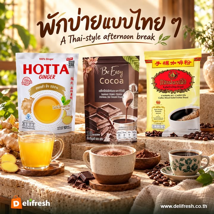A little pause, three familiar drinks. Hotta ginger, Be Easy cocoa and Kafae TraMue traditional coffee each br