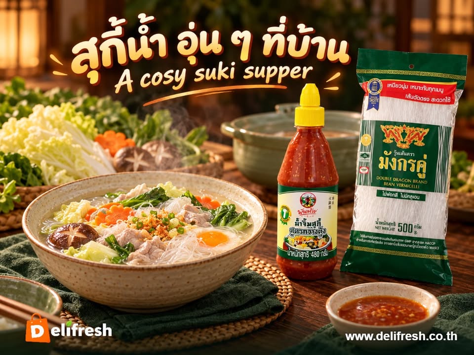 A warm bowl of suki is a comforting dinner at home. Add Double Dragon glass noodles to your broth with vegetab
