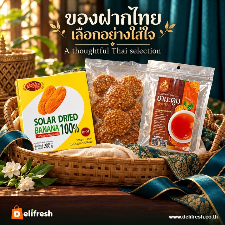 Put together a thoughtful selection of Thai treats: Pa Pian solar-dried bananas, sugar-topped rice crackers an