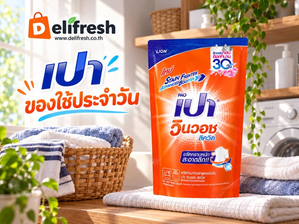 เติมของใช้บนชั้นซักผ้าด้วยเปาวินวอชแบบถุงเติมสีส้ม เป็นอีกตัวเลือกสำหรับของใช้ประจำวัน เลือกดูใน Delifresh เมื