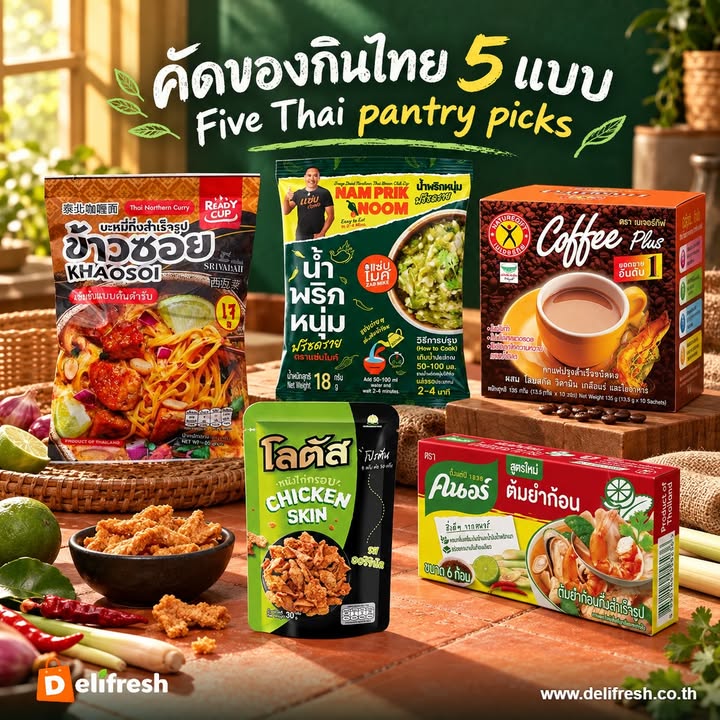 Five Thai pantry picks for different moments at home: khao soi instant noodles, freeze-dried nam prik noom, Na