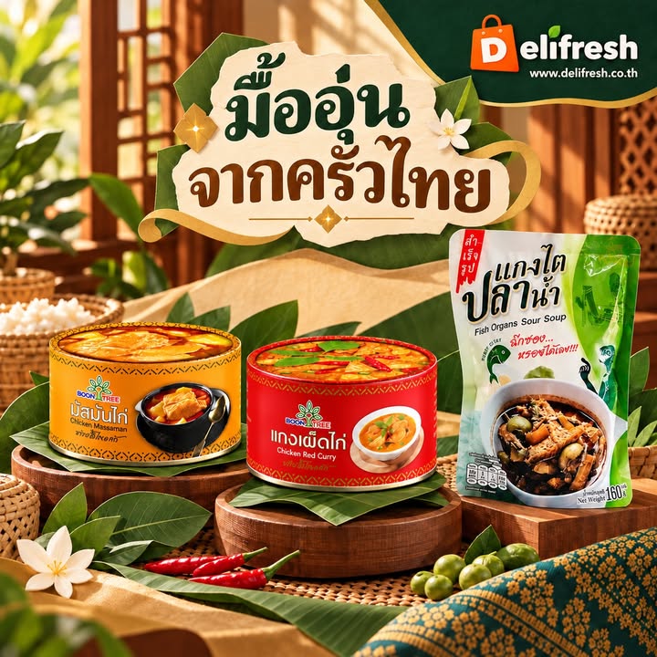 มื้อเย็นที่บ้าน เลือกสลับรสกับมัสมั่นไก่และแกงเผ็ดไก่บุญทรี รวมถึงแกงไตปลาพร้อมทาน เลื่อนดูสินค้าจริงแต่ละรายก