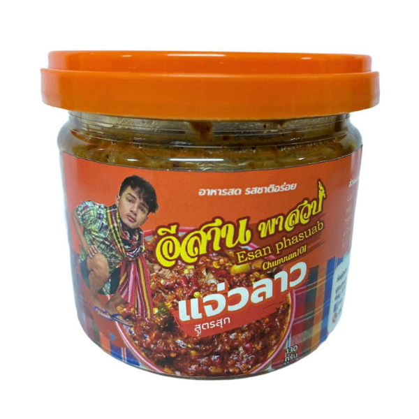 Jar of Esan Phasuab cooked Jaew Laaw chili dip with natural ingredients and traditional flavor, 130g