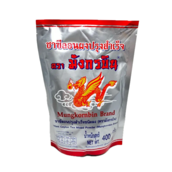 Instant Ceylon tea powder 400g, Mungkornbin brand packaging.